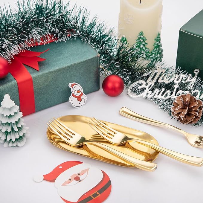 Liacere 200pcs Gold Plastic Forks - Heavyweight - 7.4 Inch Heavy Duty Forks - Gold Plastic Silverware Perfect For Parties & Weddings & Restaurants & New Year And Daily Using&Christmas&New Year