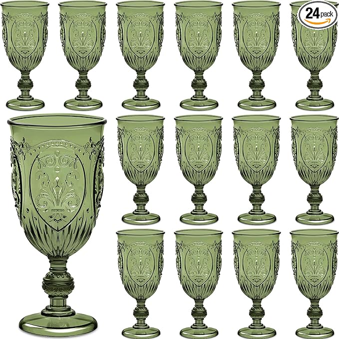 24 Pcs Plastic Goblets 7.5oz Vintage Goblet Plastic Wine Glasses Colored Retro Embossed Water Goblets for Wine Bar Juice Baby Shower Wedding Reception Grand Event Party (Olive Green)