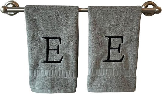 Gray Initial Hand Towel for Bathroom - Monogrammed Luxury Hotel Quality Decorative Embroidered Towel for Powder Room, Spa - GOTS Organic Certified - Set of 2 Black Letter E