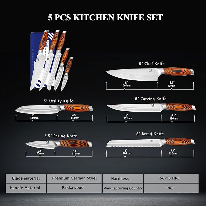 MSY BIGSUNNY 5pcs Knife Set Kitchen Utensils Knife, German Stainless Steel Professional Chef Kitchen Knife Set, Tang Series