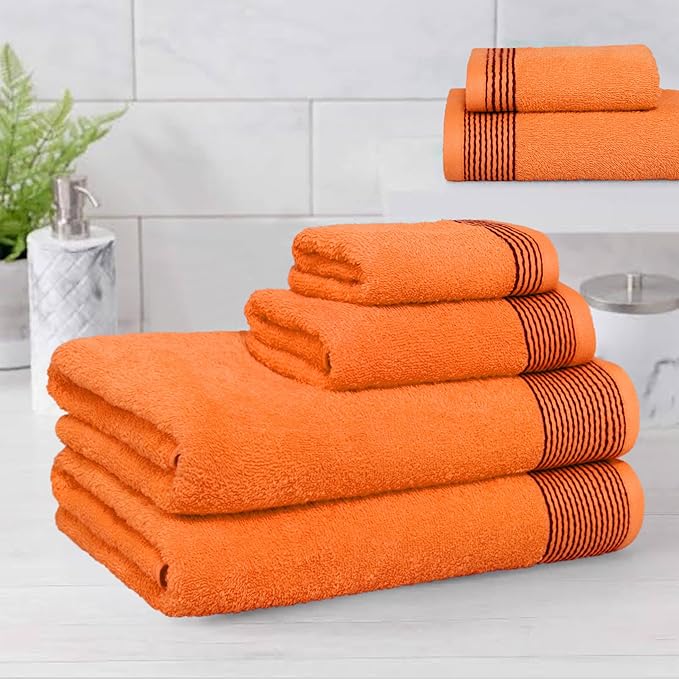 Belizzi Home 100% Cotton Ultra Soft 6 Pack Towel Set, Contains 2 Bath Towels 28x55 inchs, 2 Hand Towels 16x24 inchs & 2 Washcloths 12x12 inchs, Compact Lightweight & Highly Absorbant - Orange