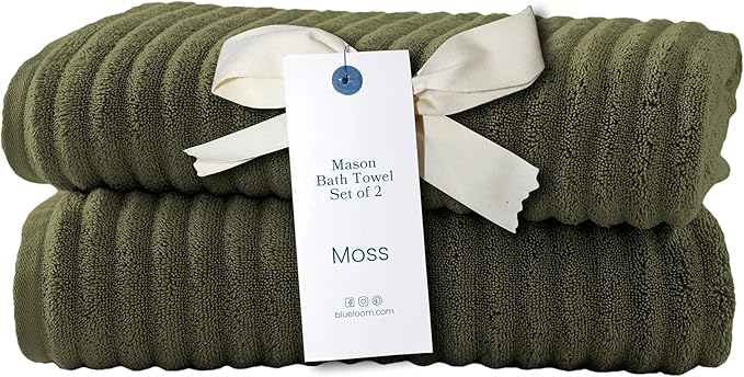 Blue Loom Ribbed Bath Towels Set, 100% Cotton 600 GSM, Soft Absorbent Durable Quick Drying 2 Bath Towels for Bathroom - Mason Set of 2 Moss Green (58" x 30" Inch)