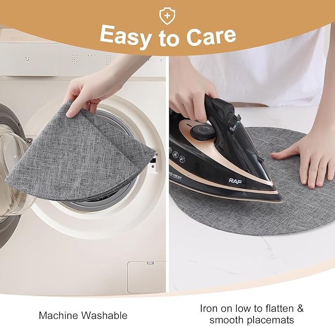 homing 15 Inch Round Cloth Placemats Set of 6, Cotton Linen Blend Washable Table Mats, Farmhouse Dining Place Mats for Indoors & Outdoors, Easy to Clean, Dark Grey