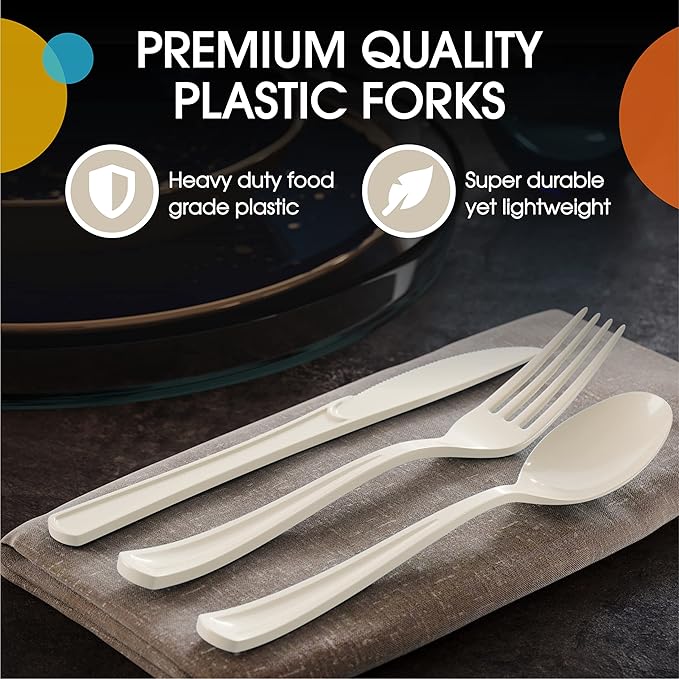 Party Solids Ivory Plastic Forks 200 Pieces Ivory Forks Disposable Utensils Heavy Duty Plastic Cutlery Set Disposable Cutlery Sets Flatware Sets Silverware Set Party Supplies & Party Tableware