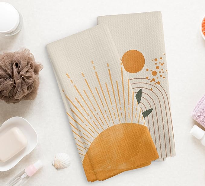 Boho Sun Sunrise Sunshine Rainbow Botanical Leaf Kitchen Towels and Dishcloths Set of 2,Boho Absorbent Drying Cloth Hand Towels Tea Towels for Bathroom Kitchen,Boho Gifts for Women Girls,16×24 inches