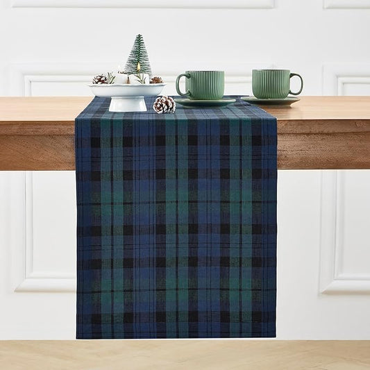 Solino Home Linen Blackwatch Table Runner 90 Inches Long - 100% Pure Linen Blue and Green Plaid Table Runner 14 x 90 Inch for Dining, Holiday, New Year