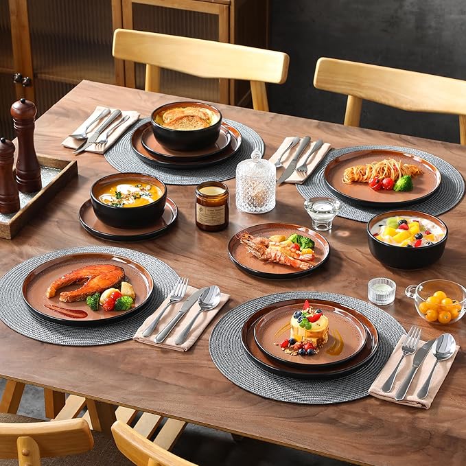 vancasso Plates and Bowls Sets, 24 Pieces Stoneware Dinnerware Sets for 8, Kitchen Dish Set Mircowave and Dishwasher Safe Ceramic Dishware, Dark Brown, Series AMBER