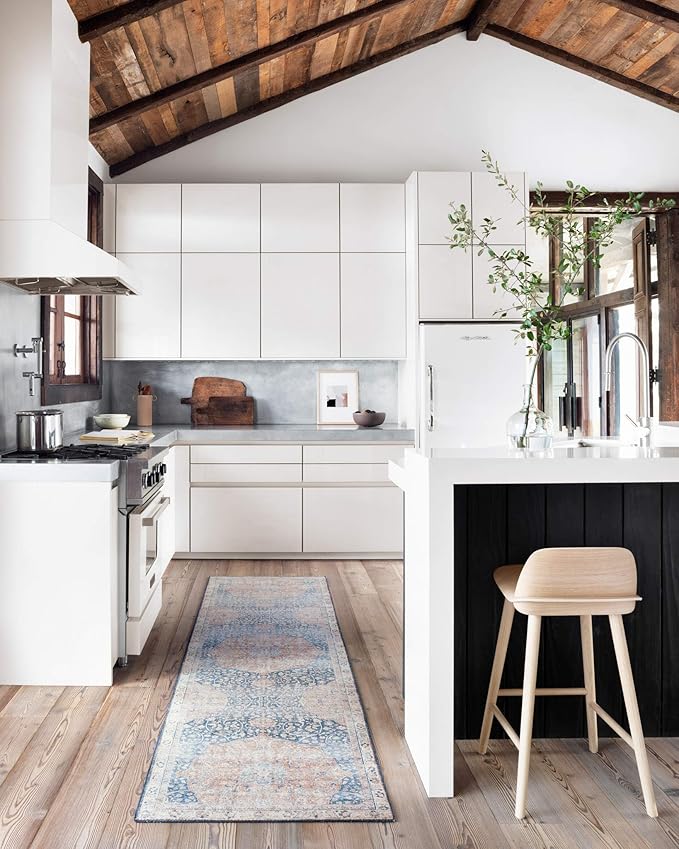 Loloi Layla Collection LAY-07 Blue/Tangerine 5'-0" x 7'-6" .13" Thick Area Rug, Soft, Durable, Vintage Inspired, Distressed, Low Pile, Non-Shedding, Easy Clean, Printed, Living Room Rug