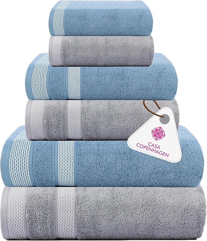 CASA COPENHAGEN Solitaire Mix 6 Pieces Towel Set- Grey Violet + Dusty Blue, 600 GSM 2Bath Towel 2Hand Towel 2Washcloth, Designed in Denmark Made of Soft Egyptian Cotton for Bathroom, Kitchen & Shower
