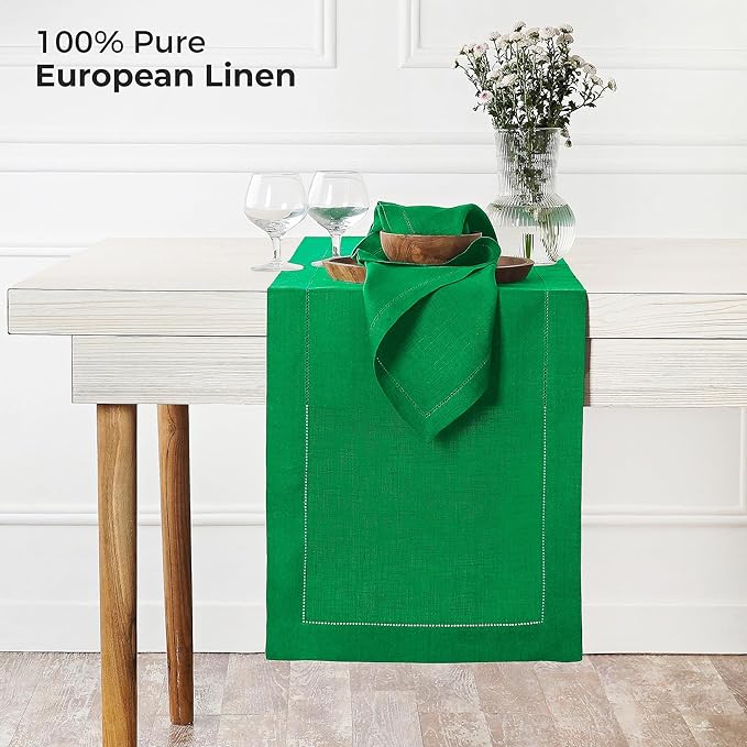 D'Moksha Homes Linen Kelly Green Table Runner 48 Inches - Classic Hemstitch, 100% Pure Linen Coffee Table Runner 14 x 48 Inch Ideal for Dresser Tables - Winter, Holiday, New Year