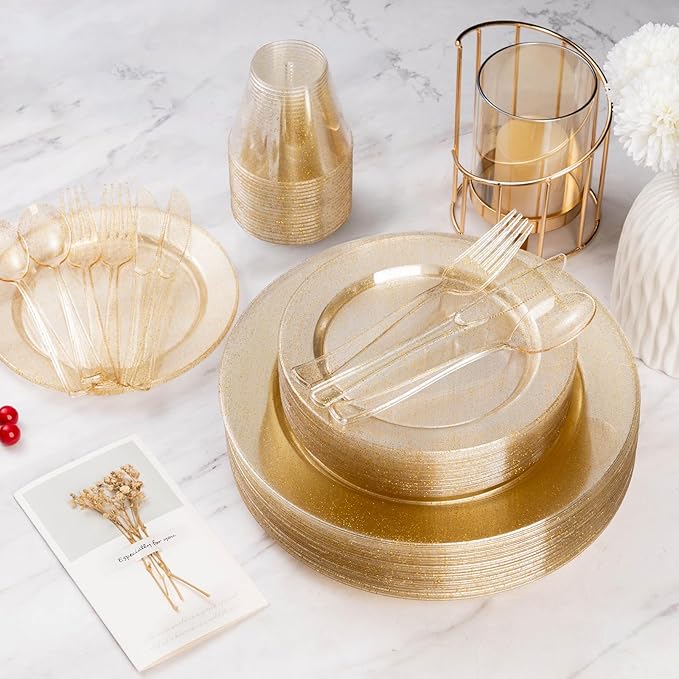 Goodluck 150PCS Gold Glitter Plastic Silverware, Glitter Utensil Disposable, Plastic Cutlery Set of 50 Forks, 50 Spoons, 50 Knives for Wedding, Party, Christmas