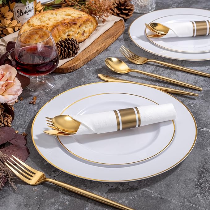SUT 50 Pack Pre Rolled Silverware Set Disposable, 200pcs Gold Plastic Utensils Include 50 Forks, 50 Knives, 50 Spoons and 50 Napkins, Wrapped Plastic Cutlery Set With Napkin for Wedding