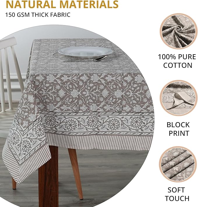 Ridhi Taupe Hand Block Print Cotton Rectangle Tablecloth 190" x 72" inches Reusable Table Cover Decorative Everyday Use for Dining, Farmhouse, Home, Party, Festive, Wedding, Fall