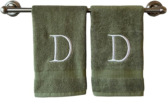 Sage Initial Hand Towel for Bathroom - Monogrammed Luxury Hotel Quality Decorative Embroidered Towel for Powder Room, Spa - GOTS Organic Certified - Set of 2 Letter D