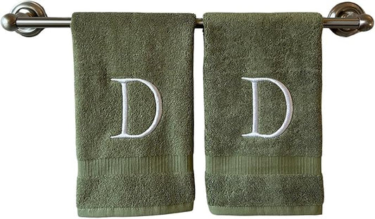 Sage Initial Hand Towel for Bathroom - Monogrammed Luxury Hotel Quality Decorative Embroidered Towel for Powder Room, Spa - GOTS Organic Certified - Set of 2 Letter D