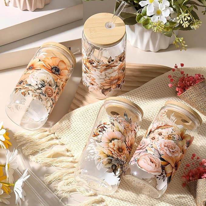 Mumufy Gift for Women Cute Glass Cup Tumbler Flower Iced Coffee Mugs 16 oz Glass with Bamboo Lid & Straw, Mothers Day Birthday Gift for Mom Sister Bridesmaid Baby Shower(4 Pack,Fall Flower)