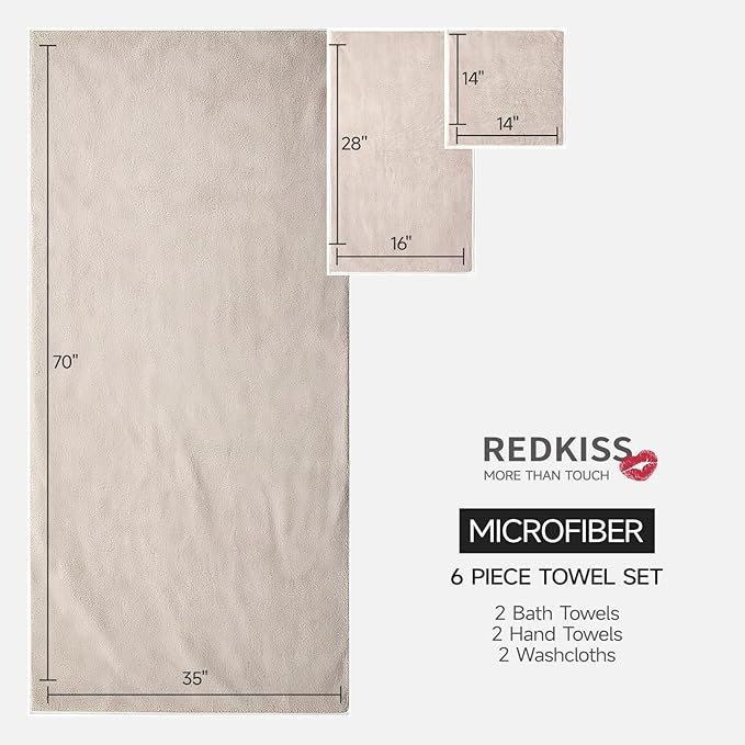 REDKISS Bath Towels Set of 6 - Oversized Bath Sheets (70 x35 in), 670GSM Ultra Soft & Highly Absorbent, Quick Dry Beige Towel Sets for Bathroom, Spa, Hotel, Gym
