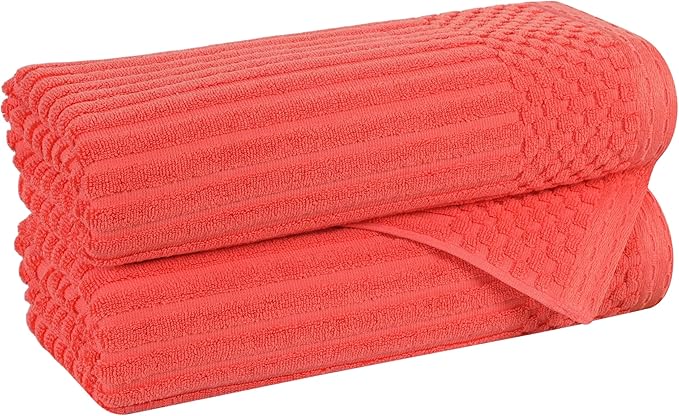 Cotton 2-Piece Solid and Ribbed Bath Towel Set, Bath Towels- 27" x 54", Coral by Superior