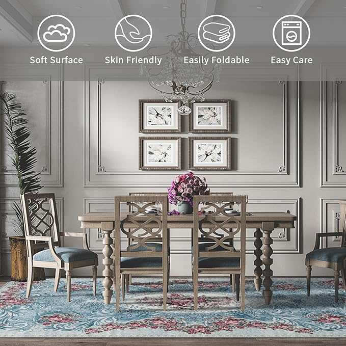 Easy-Going Large Area Rug 8x10 Washable Floral Rug for Living Room Non-Slip Bedroom Rugs Low Pile Lightweight Retro Flowers Throw Rug for Dining Room Kitchen Home Office Carpet, Teal Red