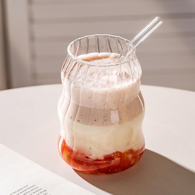 2 Pcs Ribbed Glass Cups Set with Straws 18 Oz Vintage Drinking Glassware Ripple Cocktail Glasses for Iced Coffee Soda Tea Juice Beverage Milk Reusable Tumblers