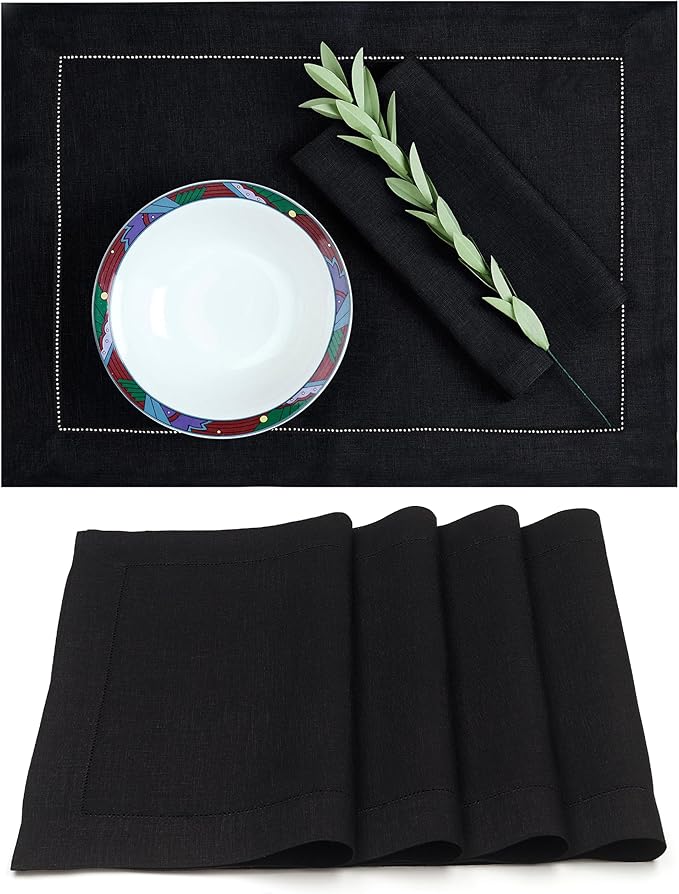 D'Moksha Homes Linen Placemats Set of 4 - Classic Hemstitch Black Placemats 14 x 19 Inch - 100% Pure Linen Table Mats for Winter, Holiday, New Year - Handcrafted and Machine Washable