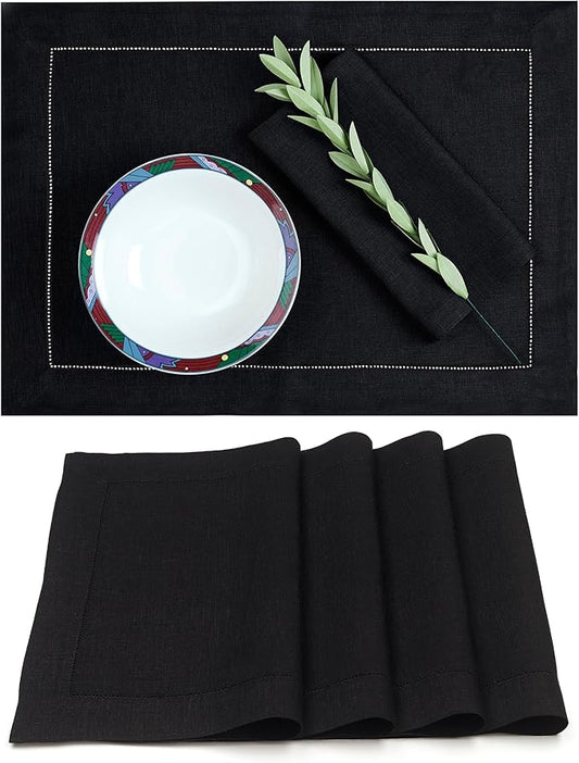 D'Moksha Homes Linen Placemats Set of 4 - Classic Hemstitch Black Placemats 14 x 19 Inch - 100% Pure Linen Table Mats for Winter, Holiday, New Year - Handcrafted and Machine Washable