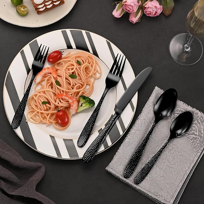 Black Hammered Silverware Set, 20-Piece Heavy Duty Stainless Steel Flatware Sets for 4, Food-Grade Cutlery Set for Home Restaurant, Mirror Polished, Dishwasher Safe