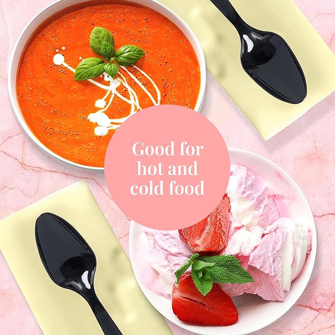 Prestee 300 Black Plastic Spoons Bulk - Durable Disposable Plastic Silverware Spoons - Heat-Resistant Spoon Cutlery - Heavy Duty Flatware Pack - Disposable Silverware Utensil Set for Hot and Cold Food