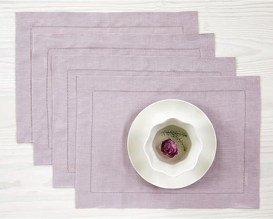 Solino Home Linen Placemats Set of 4 - Classic Hemstitch Lilac Placemats 14 x 19 Inch - 100% Pure Linen Table Mats for Valentines