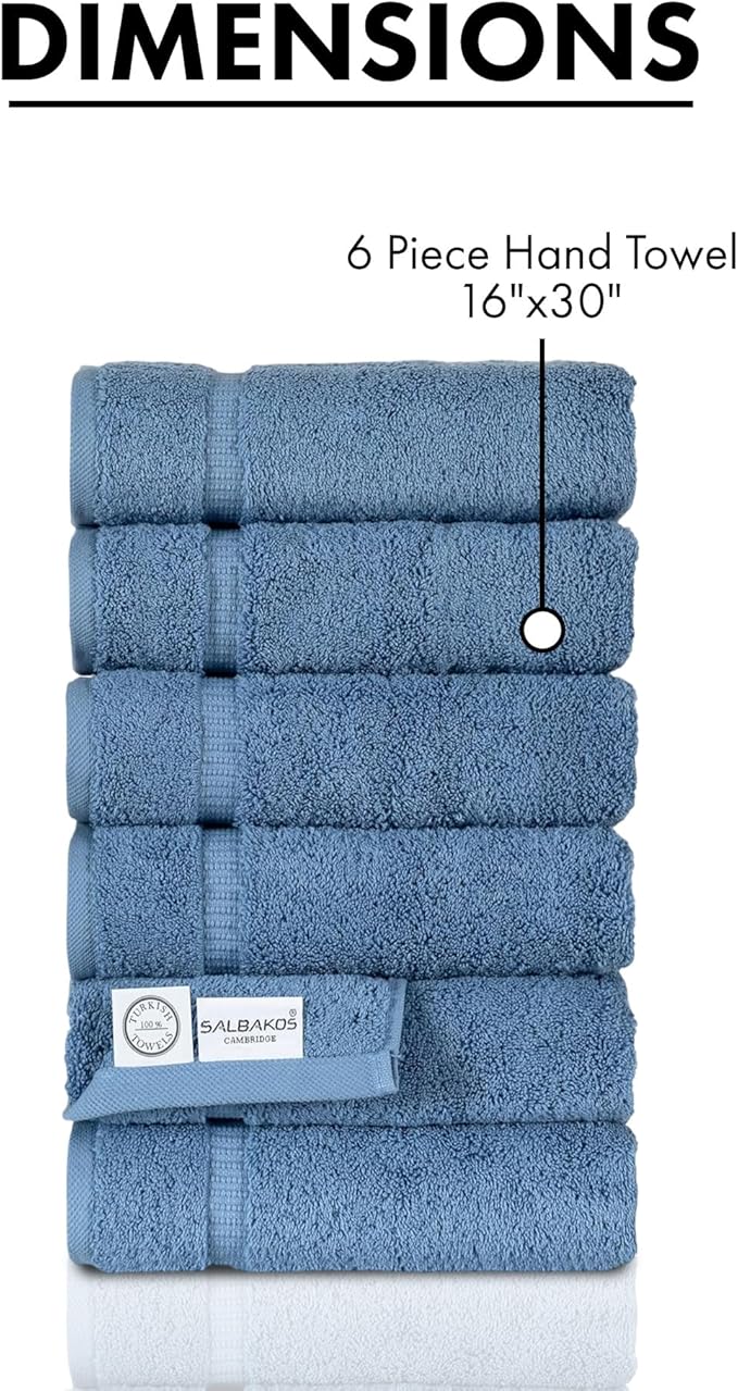 SALBAKOS 100% Turkish Cotton Hand Towel Set of 6 16x30 inch | Heirloom Quality | Hotel & Spa Collection | Ultra Soft, Super Absorbent, Long Lasting Hand Towels | Made in Turkey (Blue, 6 Hand Towels)