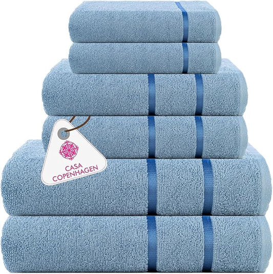 CASA COPENHAGEN Eternal 6 Pieces Towel Set- Dusty Blue, 500 GSM 2 Bath Towel 2 Hand Towel 2 Washcloth, Designed in Denmark Made of Soft Egyptian Cotton for Bathroom, Kitchen & Shower