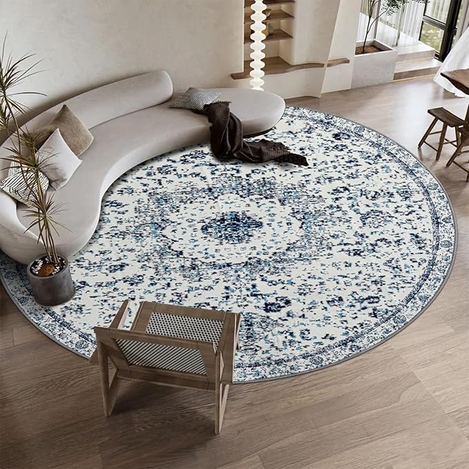 Easy-Going Round Area Rug 3ft Washable Boho Small Circle Rugs for Living Room Non-Slip Bedroom Rug Low Pile Lightweight Floral Print Vintage Throw Rug for Dining Room Kitchen Home Office, Blue Cream