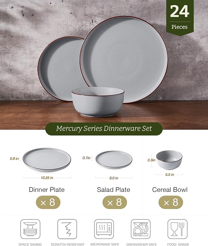 Famiware Mercury 24 Pieces Dinnerware Sets, Plates and Bowls Sets for 8, Microwave and Dishwasher Safe Dish Set, Light Grey