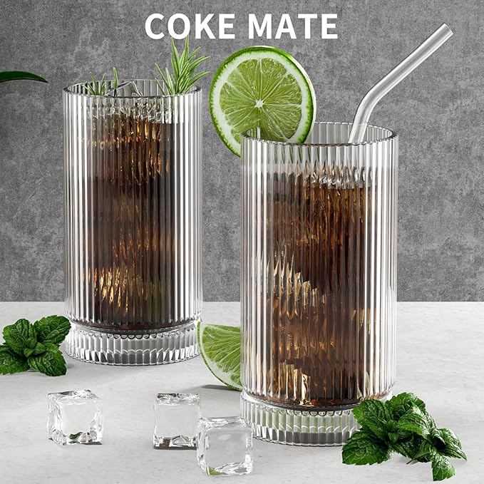 15 Oz Glass Cups with Straws, Vintage Glassware for Whiskey Cocktail Beer, Iced Coffee Cups and Drinking Glassare (2 PACK