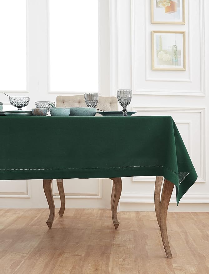 Solino Home Linen Tablecloth 60 x 90 Inch - Classic Hemstitch 100% Pure Linen Rainforest Green Table Cloth for Rectangle Tables - Machine Washable Tablecloth for Winter, New Year