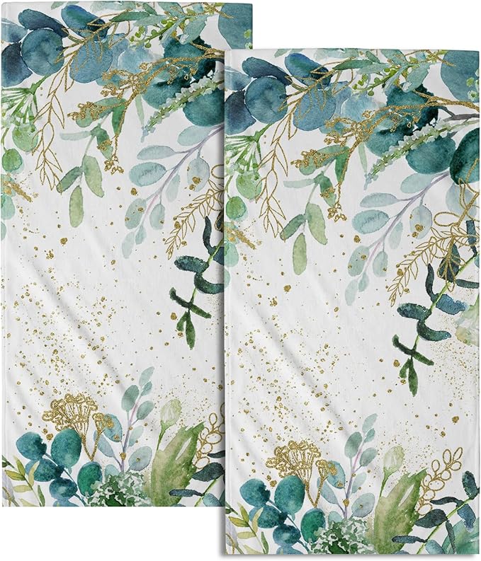Imiss Eucalyptus Leaves Hand Towels 14.4 x 28.3 Inch Set of 2 Green Sage Leaf Bath Fingertip Towel Soft Watercolor Botanical Decor Spring Guest Towels for Gym,Spa,Hotel,Bathroom