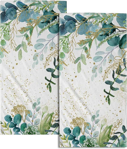 Imiss Eucalyptus Leaves Hand Towels 14.4 x 28.3 Inch Set of 2 Green Sage Leaf Bath Fingertip Towel Soft Watercolor Botanical Decor Spring Guest Towels for Gym,Spa,Hotel,Bathroom