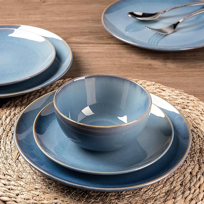 GBHOME Ceramic Dinnerware Sets for 6, 18 Pieces Stoneware Plates and Bowls Sets, Reactive Glaze Dishes -Scratch Resistant, Dishwasher&Microwave Safe-Alaskan Blue