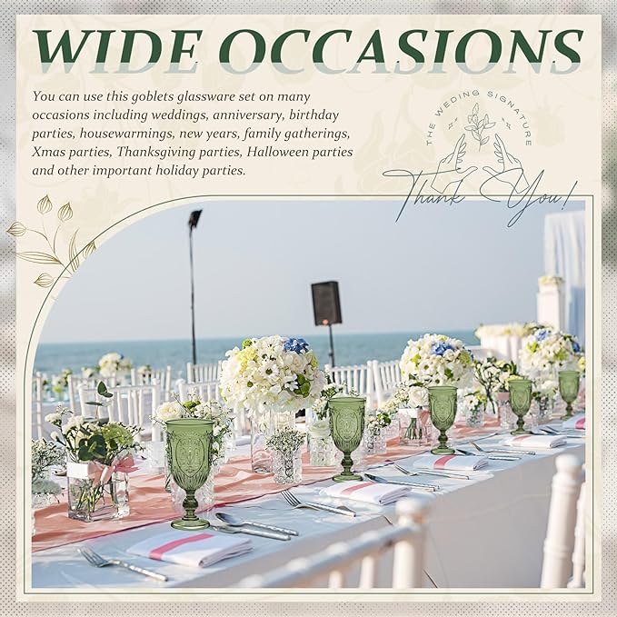 24 Pcs Plastic Goblets 7.5oz Vintage Goblet Plastic Wine Glasses Colored Retro Embossed Water Goblets for Wine Bar Juice Baby Shower Wedding Reception Grand Event Party (Olive Green)