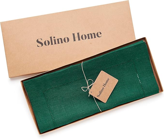 Solino Home Linen Rainforest Green Table Runner 156 Inches Long - 100% Pure Linen Extra Long Table Runner 14 x 156 Inch for New Year - Classic Hemstitch