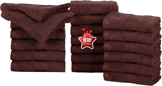 Ample Decor Set of 20 Wash Cloths 12 X 12 Inch 100% Cotton 600 GSM,Lightweight Reusable Fingertip Towels, Quick Drying Machine Washable Face Towels-Ideal for Bathroom, Pool, Hotel,Spa -Brown