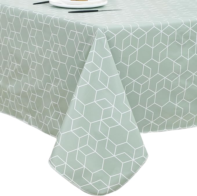 Heavy Duty Vinyl Tablecloth with Flannel Backing Waterproof Oil-Proof Plastic Table Cloth Stain-Resistant Wipeable Rectangle or Square Table Cover for Indoor and Outdoor (Green Grid,60x84 Inch)