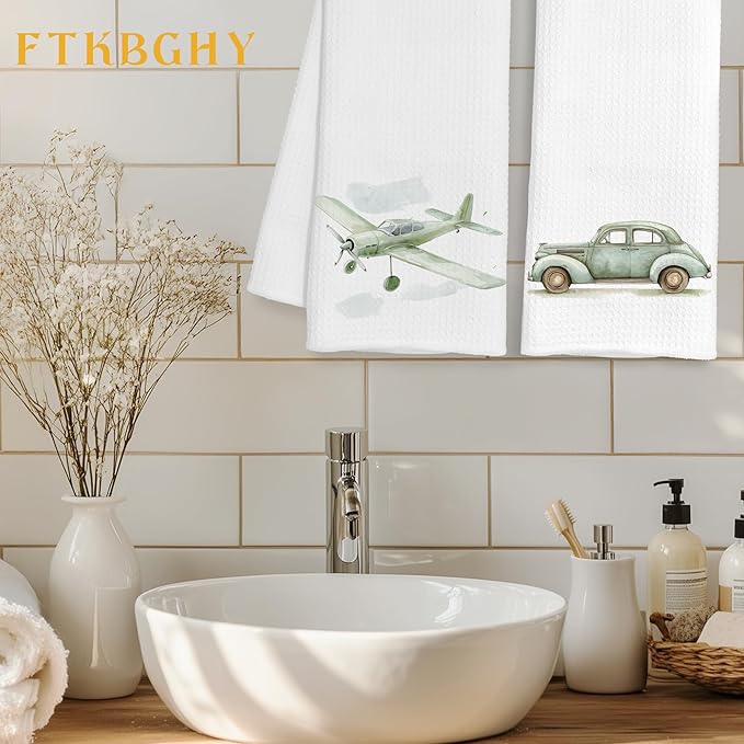 Sage Green Car Plane Preppy Decorative Hand Towels Gifts, Kids Boys Bathroom Decor, Watercolor Transportation Decorative Dish Hand Tea Towels for Bathroom Kitchen, 16x24 Inch Set of 2