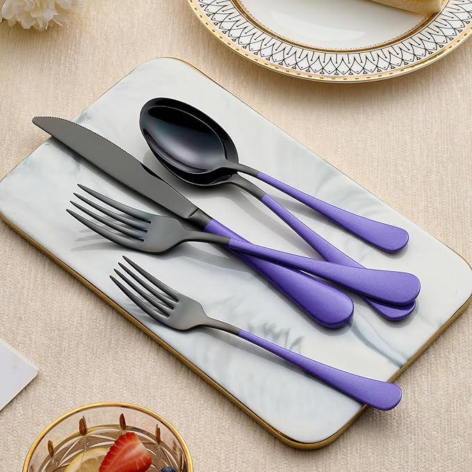 20-Piece Black and Purple Silverware Set 18/0 Stainless Steel Silverware Set Lake Blue Handle Cutlery Set Service for 4 Dinner Knives Forks Spoons Set Flatware Set Finish Dishwasher Safe
