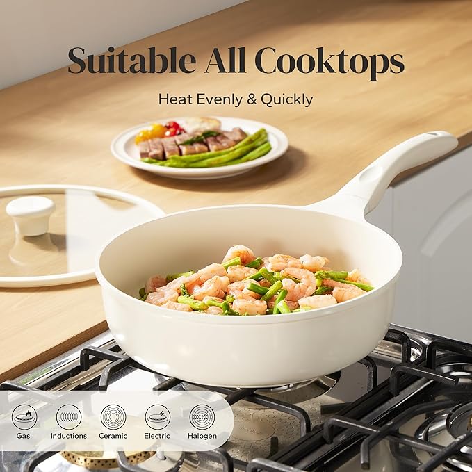 Redchef Nonstick Deep Frying Pan with Lid, Ceramic Saute Pan Skillet, PFOA PFOS Free, Induction Compatible, Stay-Cool Helper Handle, Tempered Glass Cover, Dishwasher Safe, Beige (3.7Qt, 10")