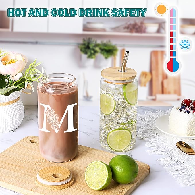 Gifts for Women, Birthday Christmas Mothers Day Thank You Gifts, Personalized Monogrammed Gifts for Sister Mom Friend Wife Gift Ideas 2024 M Coffee Iced Cute Glass Cups with Lids and Straws