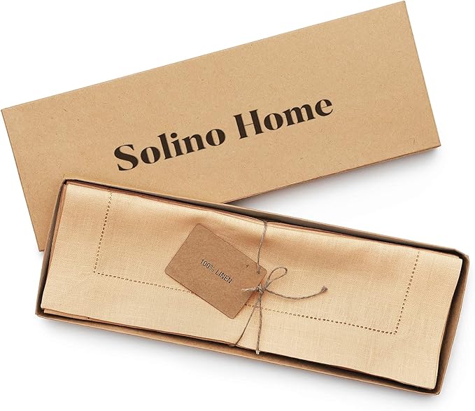 Solino Home Linen Cloth Placemats Set of 6-100% Pure Linen Hemstitch Beige Placemats 14 x 19 Inch - Classic Hemstitch Table Place Mats
