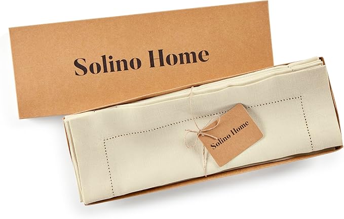 Solino Home Linen Cloth Placemats Set of 4-100% Pure Linen Medium Weight Hemstitch Creamy Ivory Placemats 14 x 19 Inch - Handcrafted and Machine Washable Table Place Mats