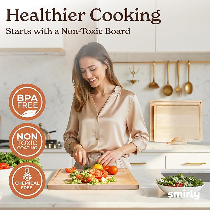 SMIRLY Wood Cutting Boards for Kitchen Wooden Chopping Board Set Reversible with Deep Juice Grooves Grip Handles, Large Charcuterie Tray for Home Kitchen, Natural Birch, 3Pcs with Holder