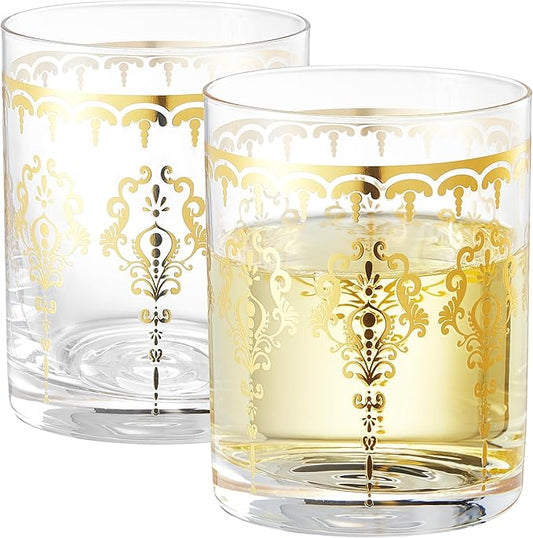 Khen Clear Moroccan Tumbler Glassware | Set of 2 | Gold Ornate Vintage Decorative Drinking Cups, Retro Bohemian Pattern Barware for Water, Whiskey, Cocktail, Iced Tea, Durable Embossed Home Drinkware
